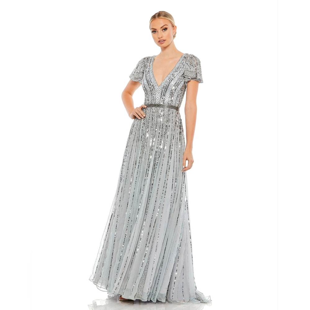 MAC DUGGAL STRIPE SEQUIN V-NECK GOWN